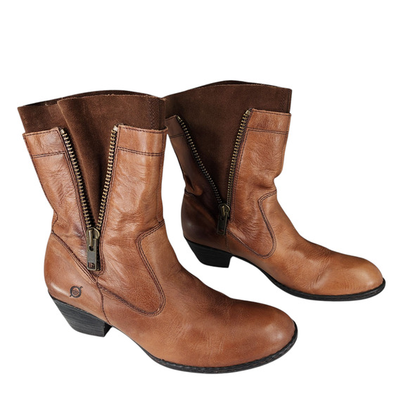 Born Mila Ankle Boots Booties sz 10 Women Tan Brown Leather Suede 2" Western Zip - Picture 1 of 12